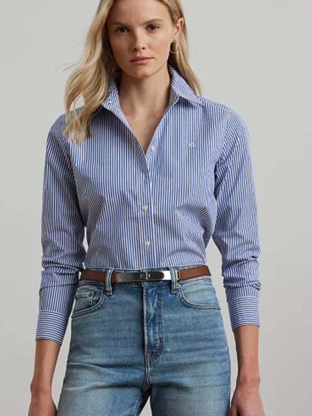 Lauren Ralph Lauren Blue and White Striped Button-Down Shirt